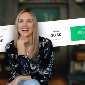 Emily Odio-Sutton smiling in front of her Etsy revenue dashboard showing over 20K orders and $533K in revenue