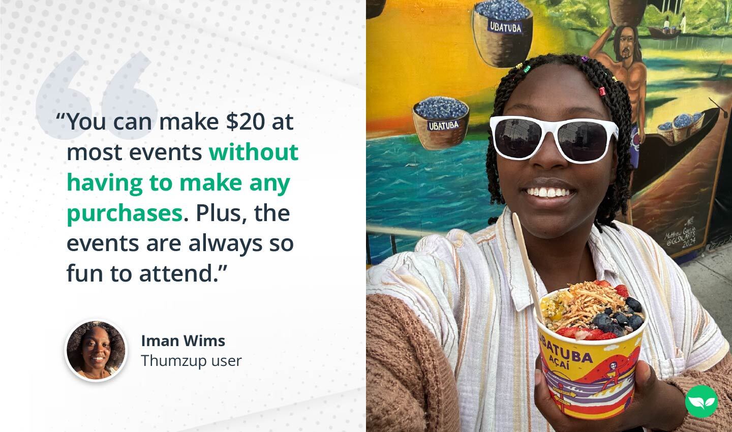 Iman Wims holding an acai bowl in front of a colorful mural promoting Ubatuba Acai.