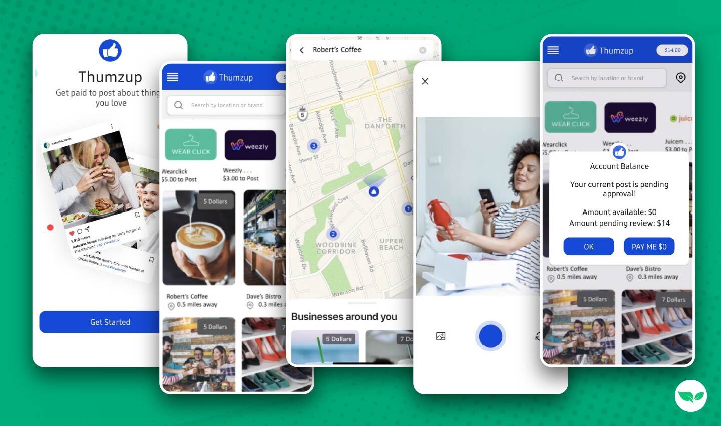 Thumzup app screenshots displaying the user interface, business listings, and payment system.
