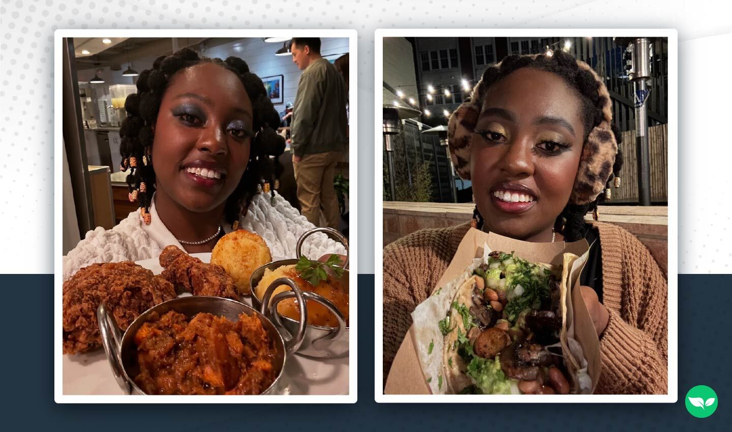 Iman Wims holding a plate of fried chicken, mashed potatoes, and other sides at a restaurant.