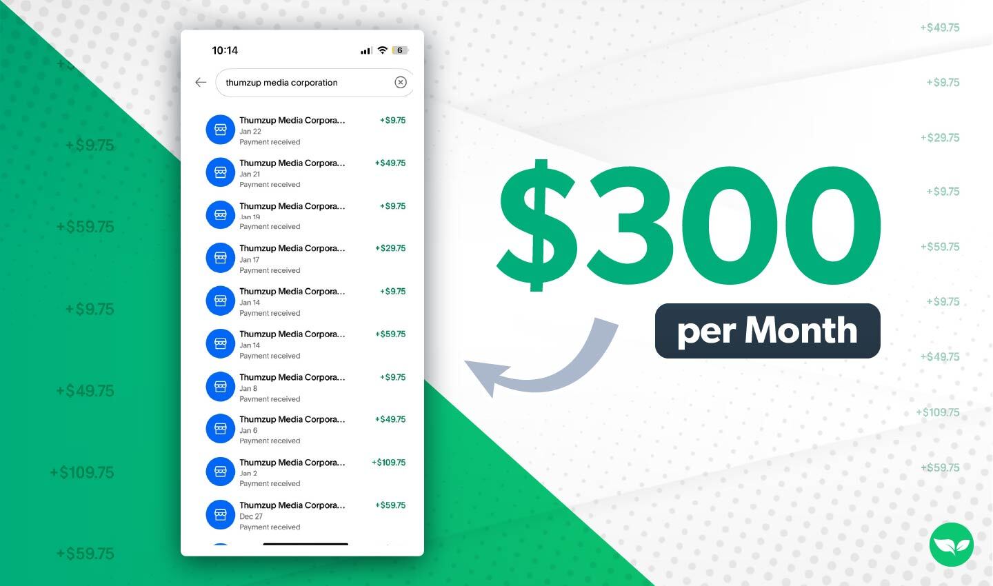 Screenshot of Iman Wims' Thumzup earnings showing multiple PayPal deposits ranging from $9.75 to $109.75.